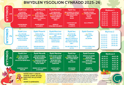 Bwydlen Ysgolion Cynradd 2025-26
